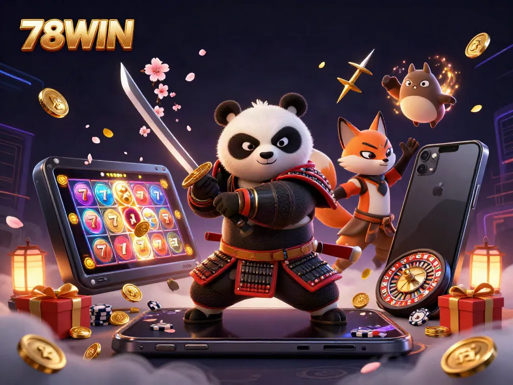 Engage with the thrilling world of 78WIN, featuring a samurai panda and ninja fox amid swirling cherry blossoms and exciting gaming elements.