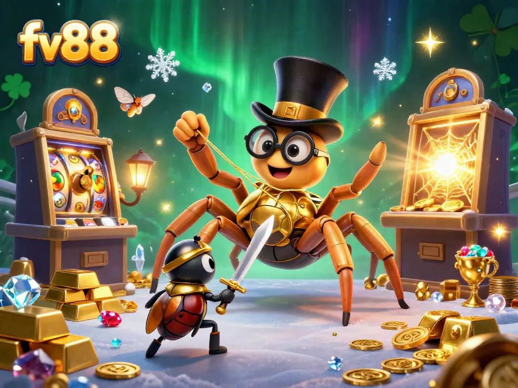 Experience the excitement of fv88's online casino with a vibrant illustration featuring a golden tarantula and knight.