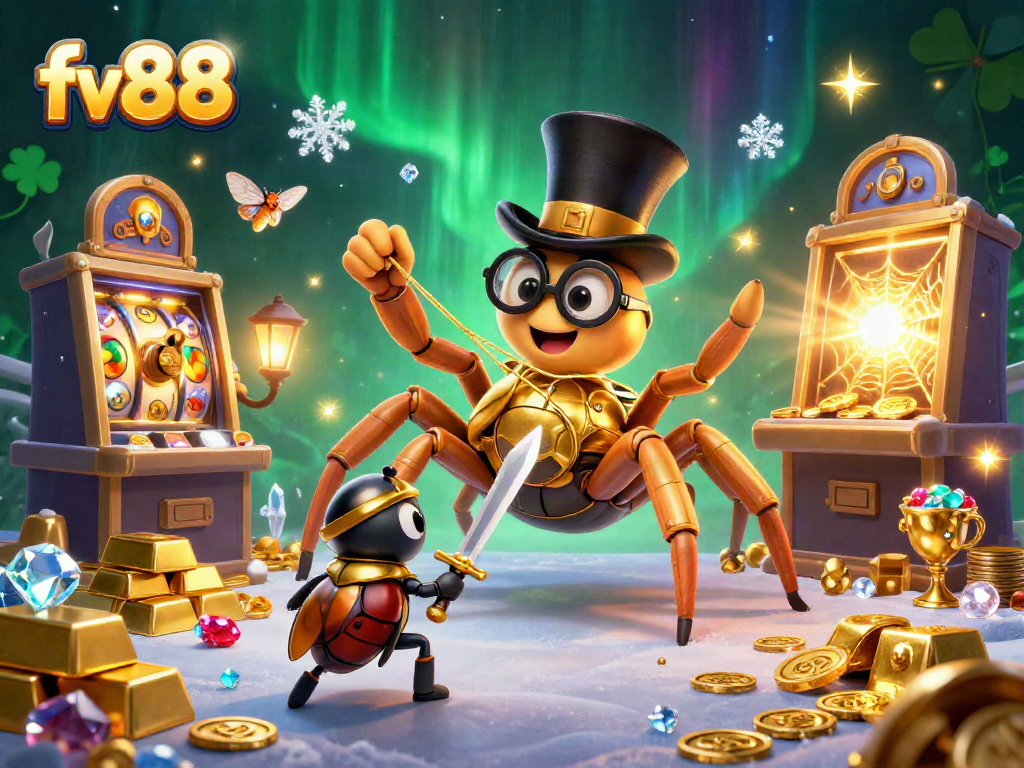 Experience the excitement of fv88's online casino with a vibrant illustration featuring a golden tarantula and knight.