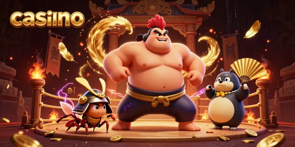 A vibrant casino-themed illustration showcasing a sumo wrestler rooster, a samurai cricket, and a tanuki announcer in an energetic gambling atmosphere.