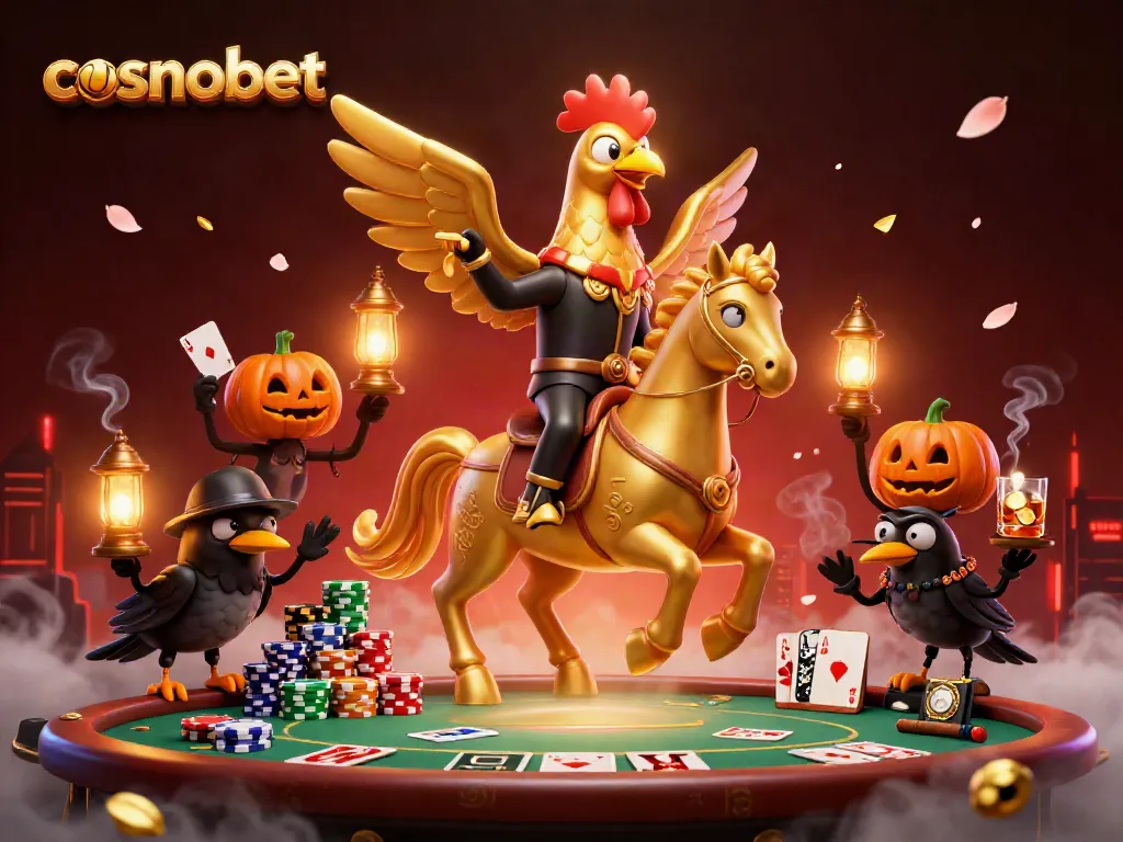 Experience the excitement of cosmobet with a golden rooster and spectral horse in a vibrant casino setting.