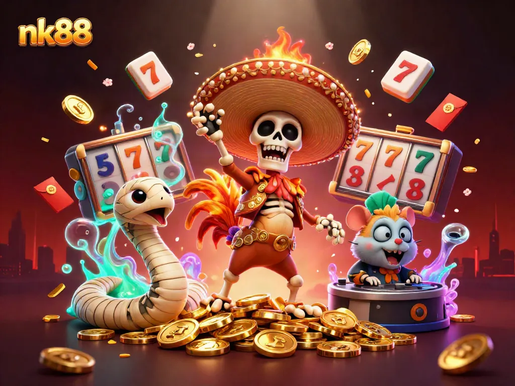 Experience exciting gaming action with nk88 as a skeleton mariachi rooster and friends celebrate on gold coins.