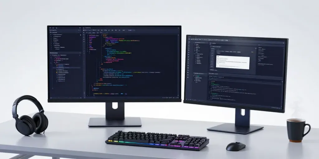 UK domain renewal prices displayed on a sleek monitor in a professional coding environment.