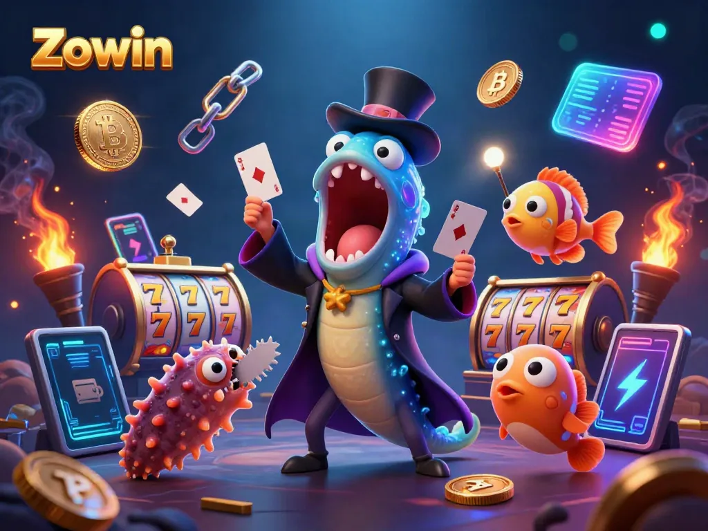 Join the fun at Zowin while an eel performs card tricks in a vibrant casino scene.