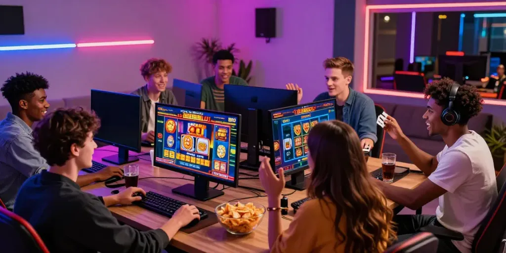 Diverse friends enjoying bonus buy slots uk in a lively home gaming setup.