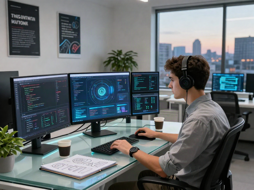 Developer analyzing nsfw ai data at a futuristic tech workspace with holographic interface and multiple monitors.
