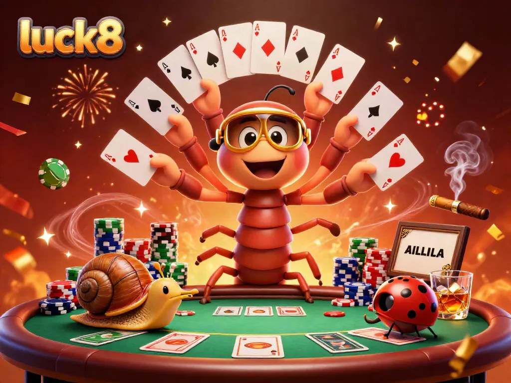 Experience thrilling gameplay at luck8 with an exciting 3D casino scene featuring a millipede dealer and vibrant poker elements.