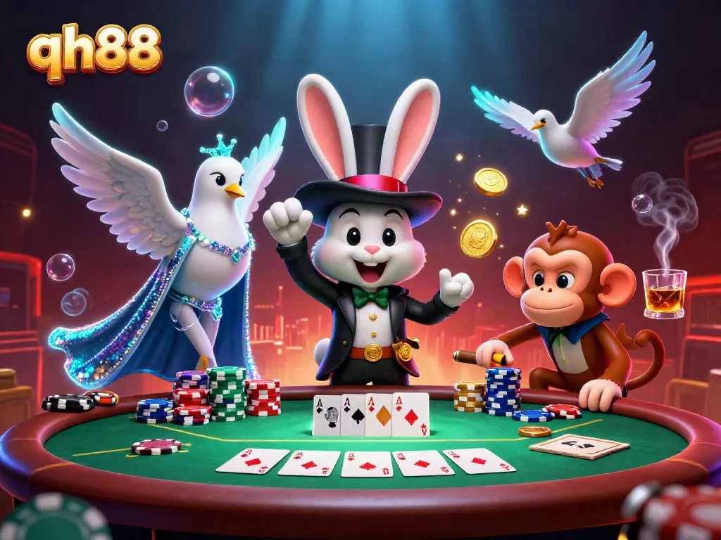 Experience qh88 with a vibrant 3D scene featuring a magician rabbit, coins, and poker elements.
