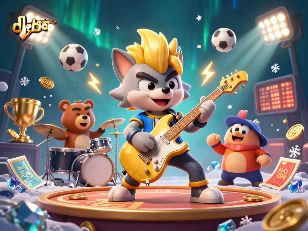 Dabet offers thrilling casino action with a cartoon wolf rock star and drummer bear, showcasing dynamic sports elements.