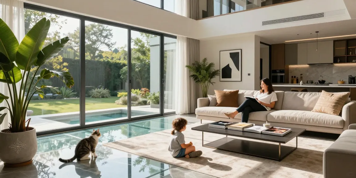 Stylish living room with structural glazing solutions, featuring glass flooring and modern decor.