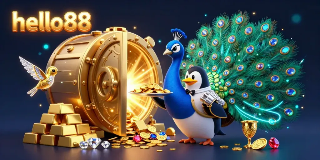 Experience thrilling gameplay with hello88 in a dazzling casino scene featuring vibrant characters and treasures.
