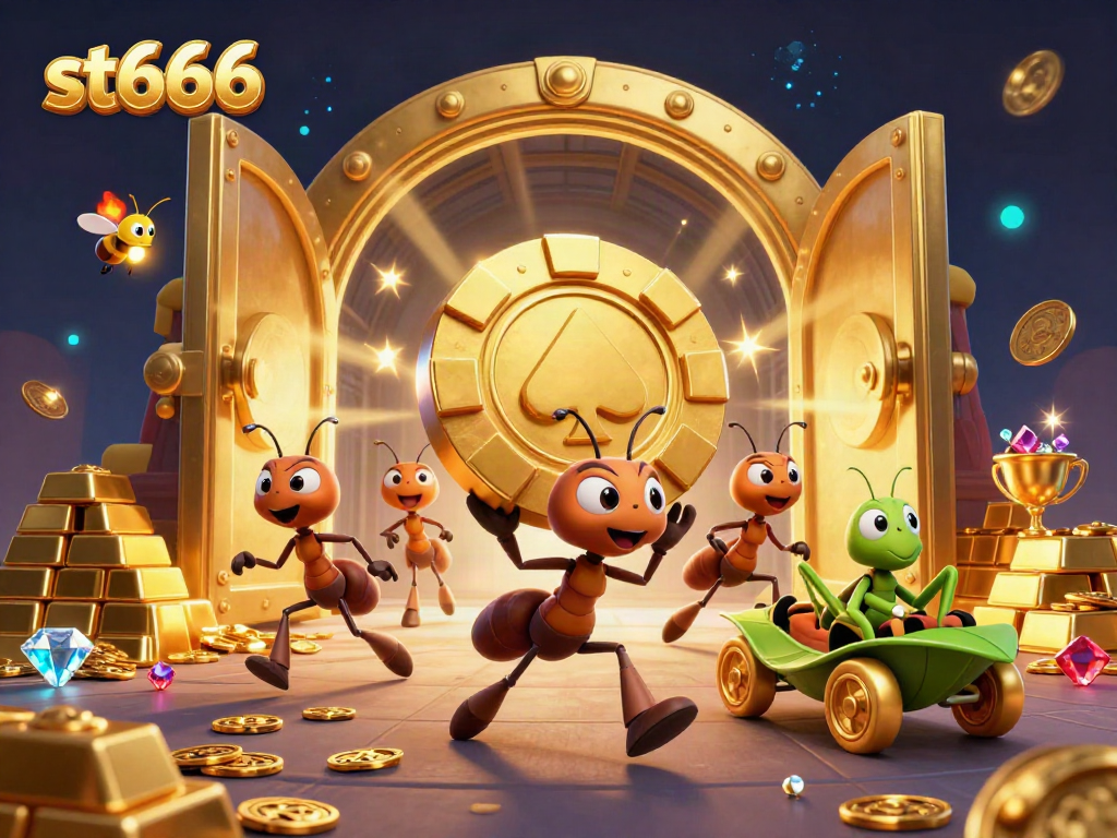Experience thrilling action at st666 with a 3D heist scene featuring ants and golden poker chips.