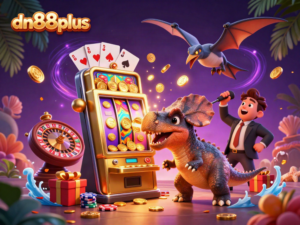 dn88plus casino characters celebrate jackpot wins alongside vibrant gaming elements