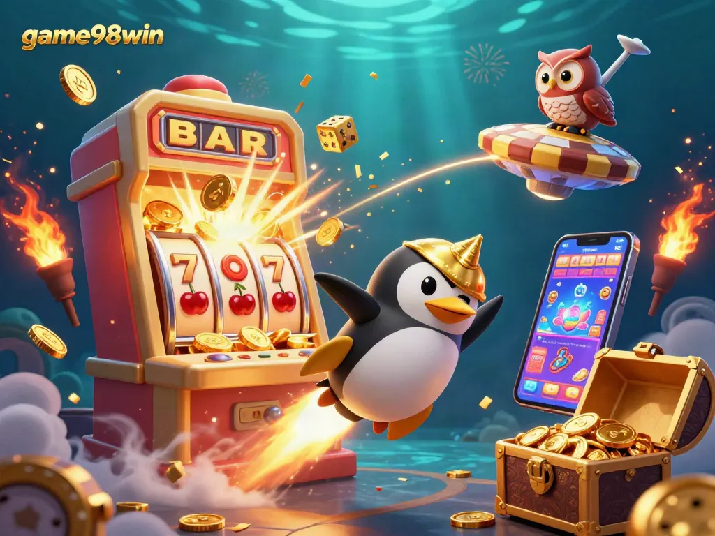 Experience game98win as a golden penguin ventures through a dazzling casino space, enjoying vibrant gaming symbols.