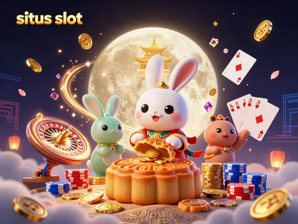 Situs slot illustration featuring a moon rabbit and lucky symbols, inviting players to enjoy casino games.