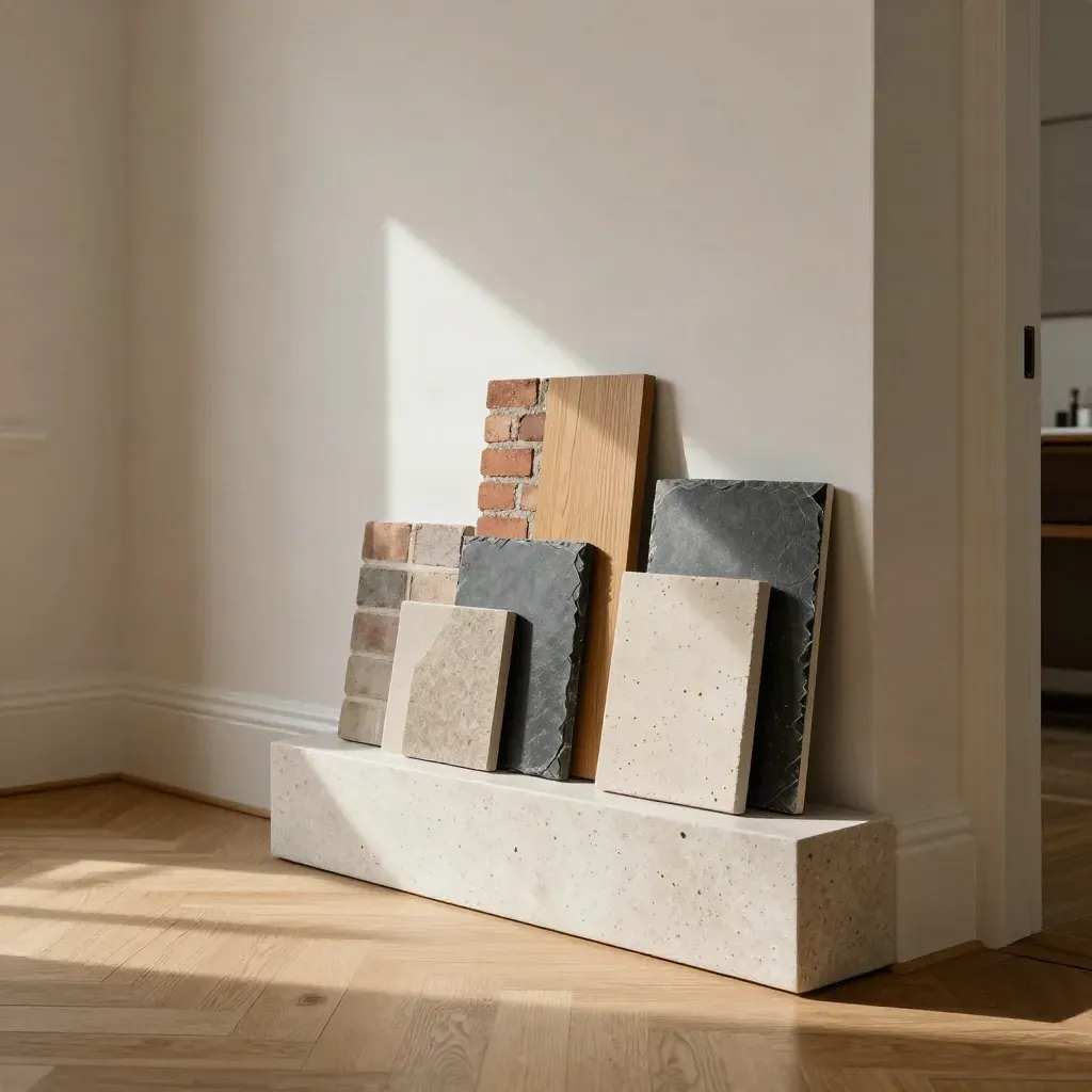 Restored hallway corner with sunlit material samples for a home valuation story