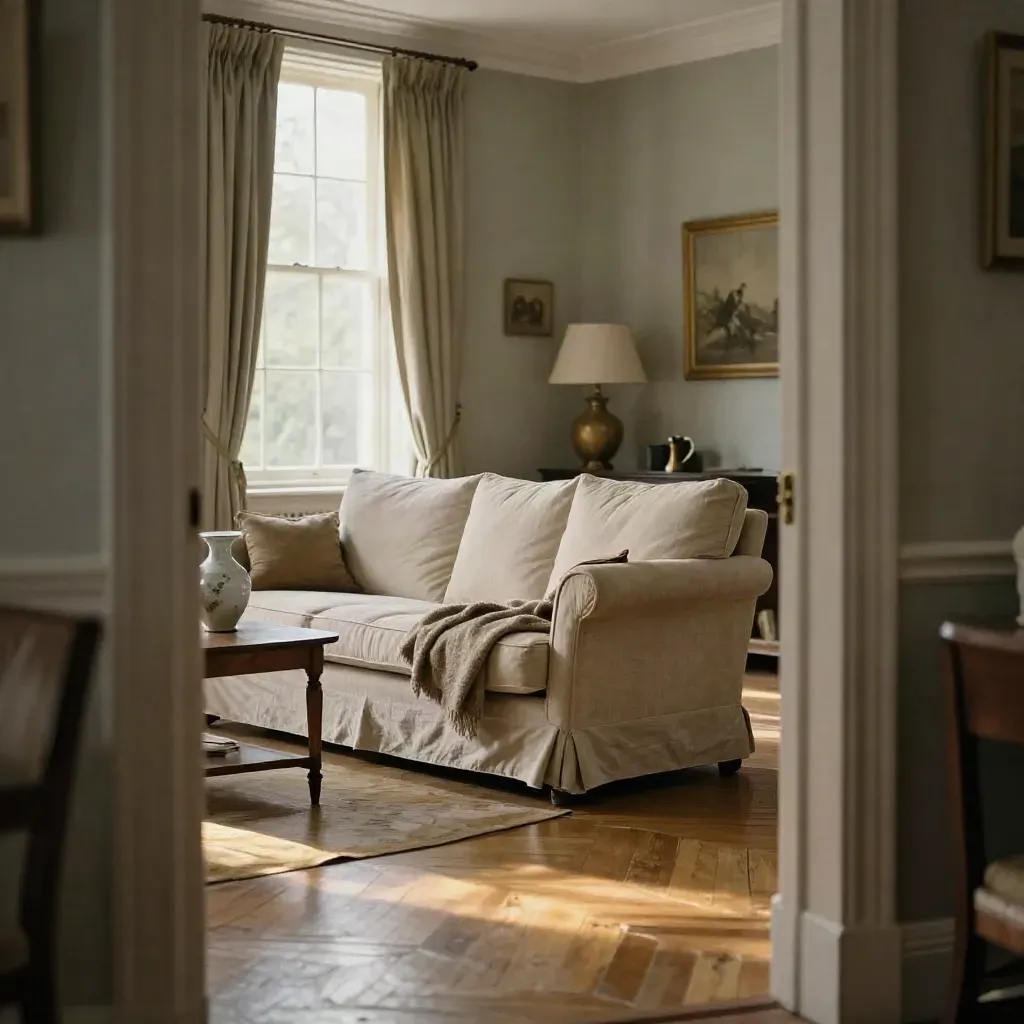Freshly staged Victorian sitting room with sofa, throw, vase and sunlit polished floor.