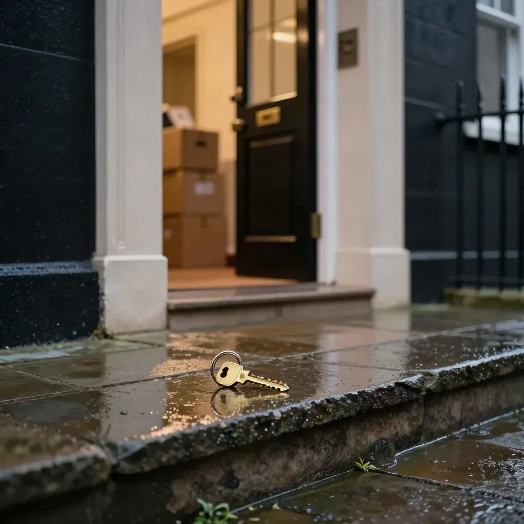 Rain-dark townhouse entrance with key ring, open door, glowing hallway, and wet reflections after summer rain.