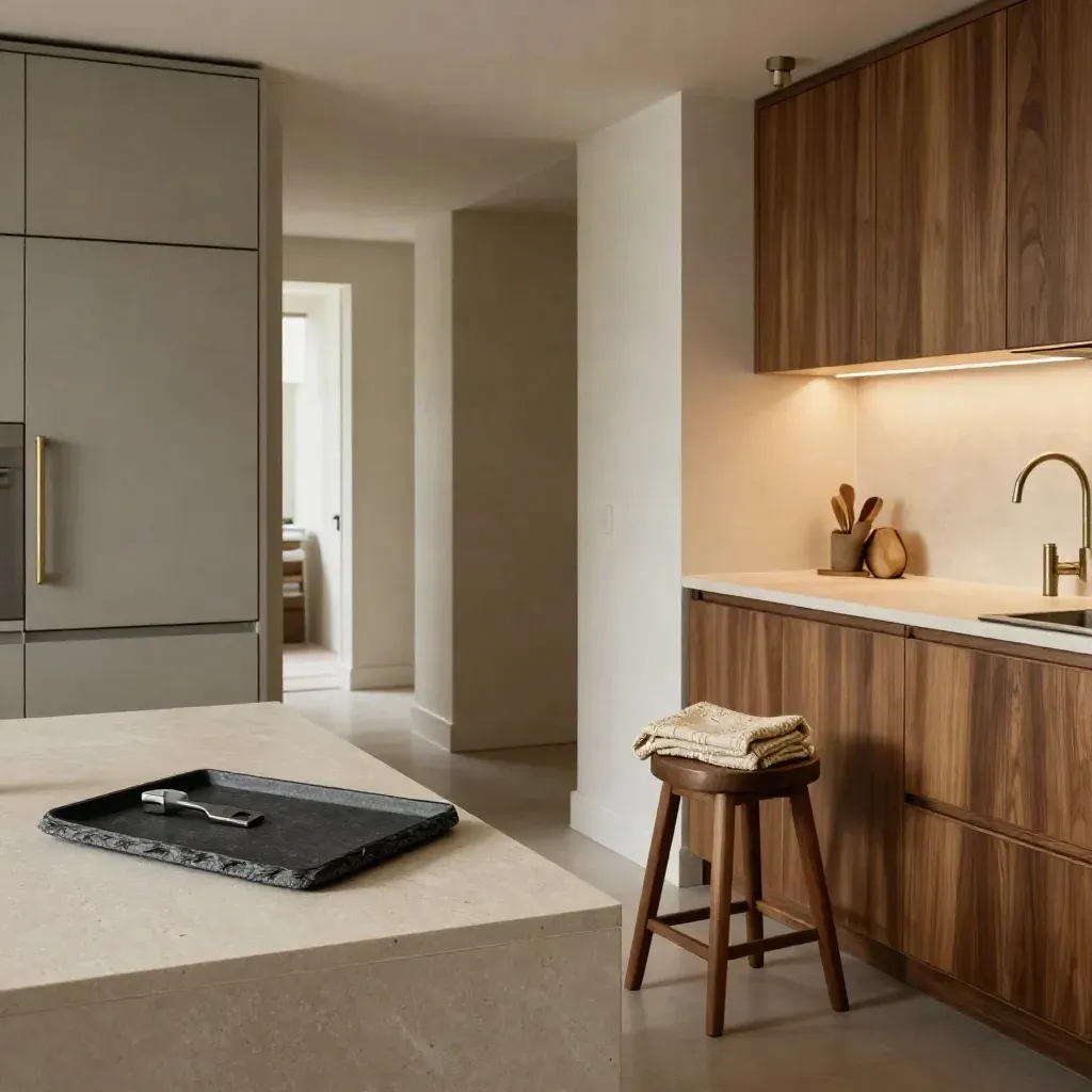 Rental kitchen with slate tray, folded throw on stool, and warm pendant light