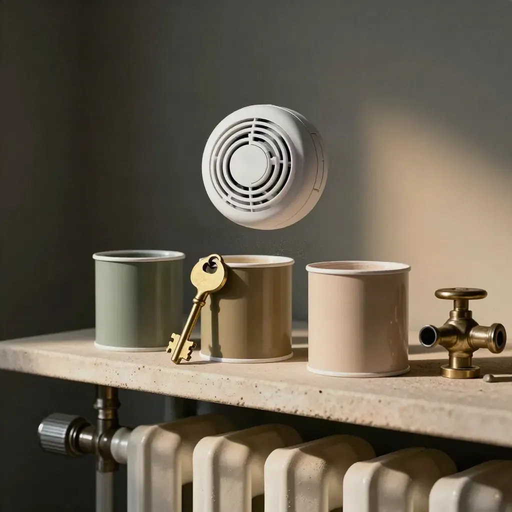 Top-down landlord maintenance still life with smoke alarm, brass key, paint pots and radiator valve