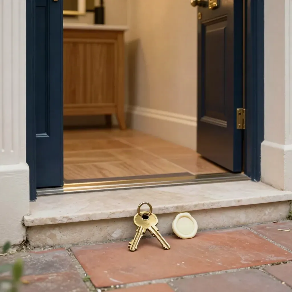 Keys crossing on a polished entry threshold beside a wax seal in a refined hallway.