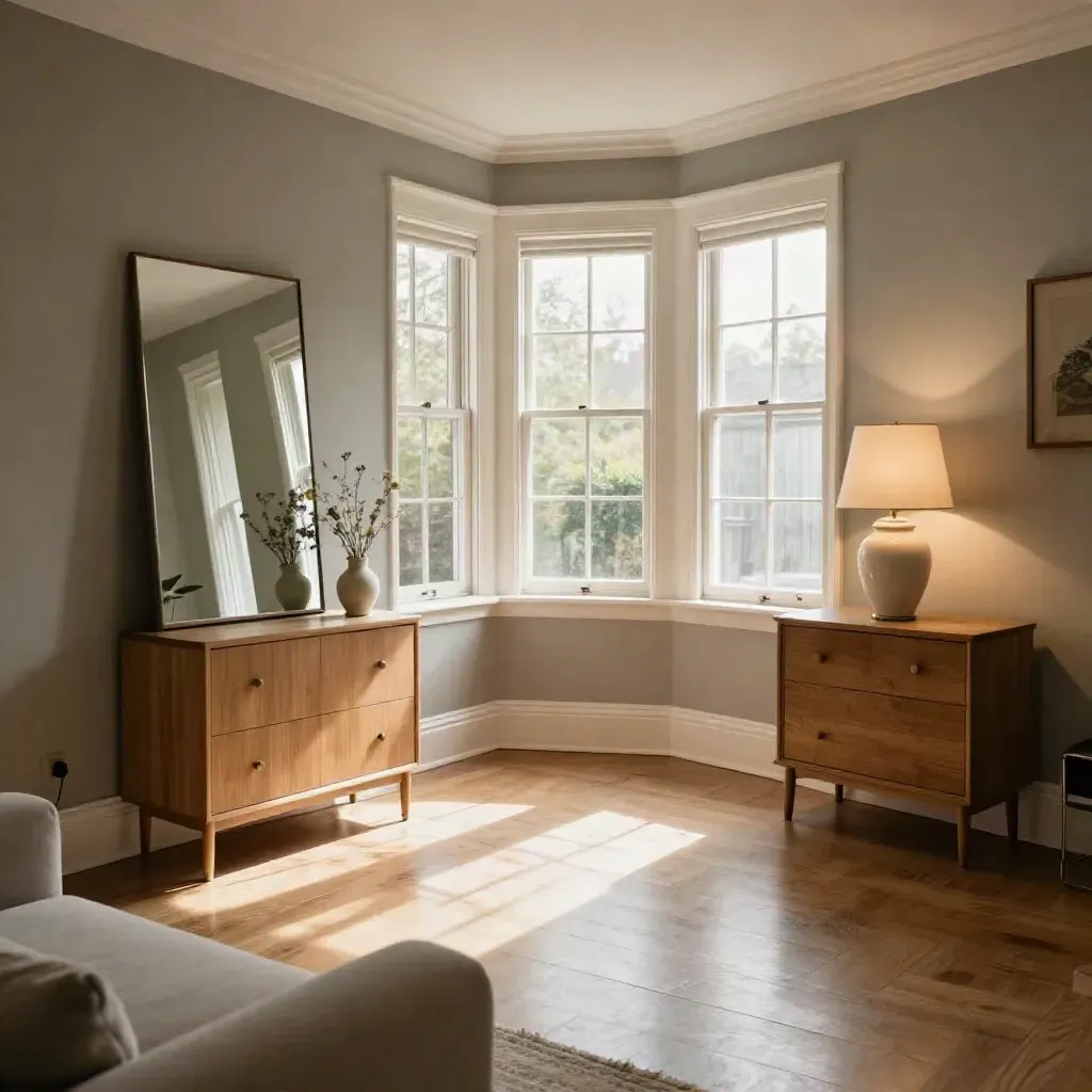 Empty Croydon living room staged for sale with mirror, lamp and fresh stems in warm late-afternoon light.