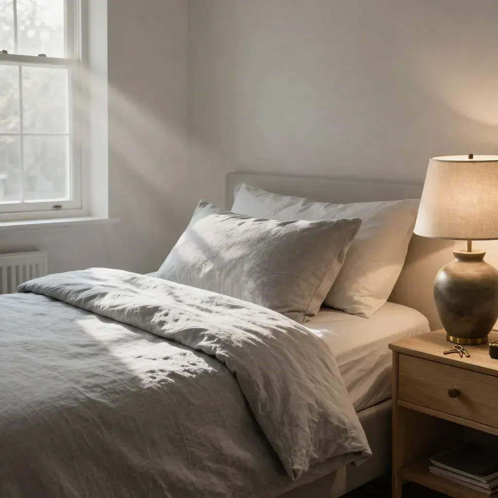 West London rental bedroom ready for a new tenant, with keys, lamp and fresh linen in warm light.