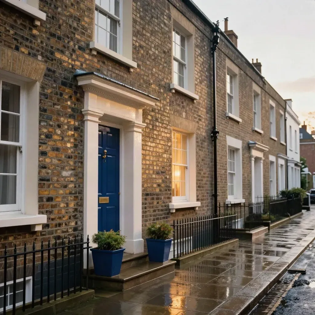 Rain-sheened Clapham terrace with a blue front door, lit window, and planters on a quiet street