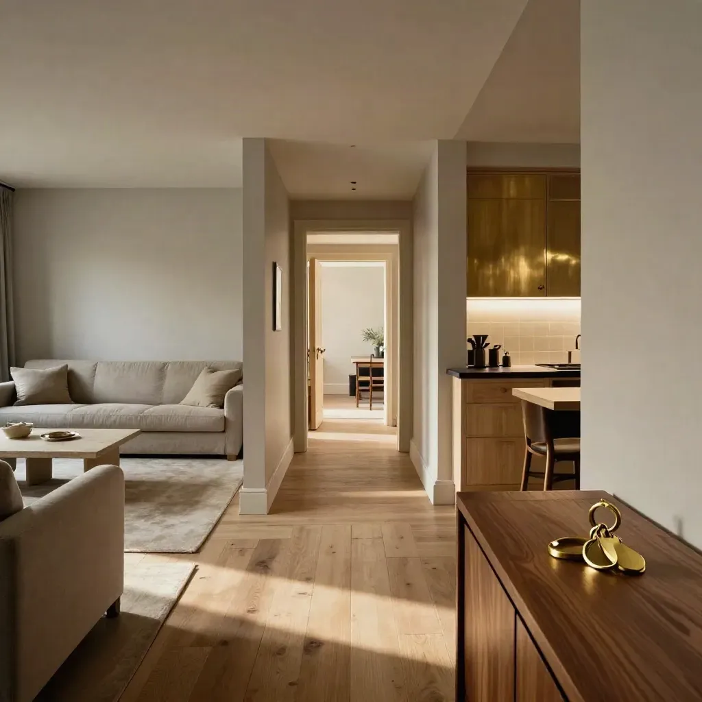 Two staged rental interiors seen from a landing, with brass key rings on a console.
