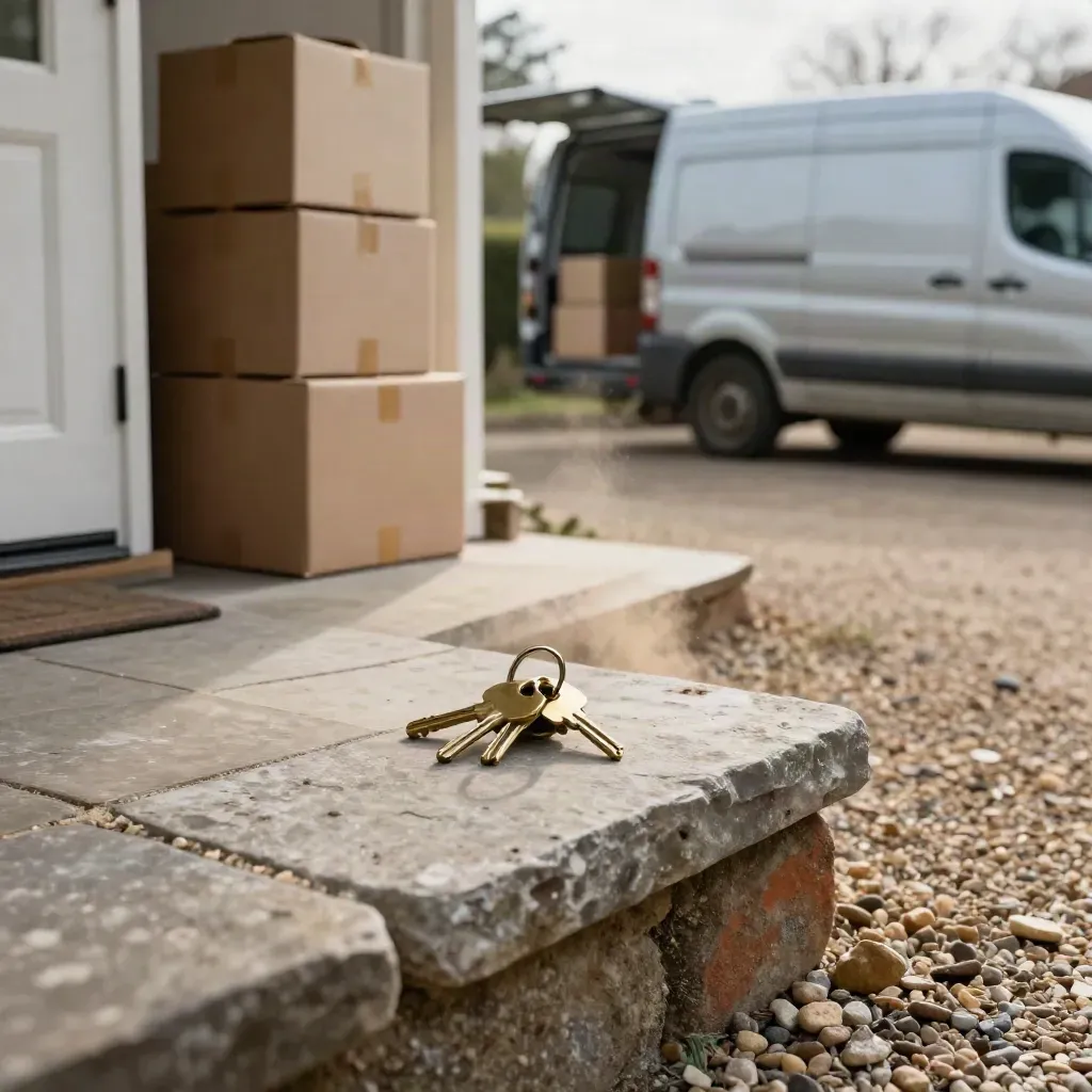 Keys on a stone ledge beside boxes and a closed removal van at a Surrey detached home.