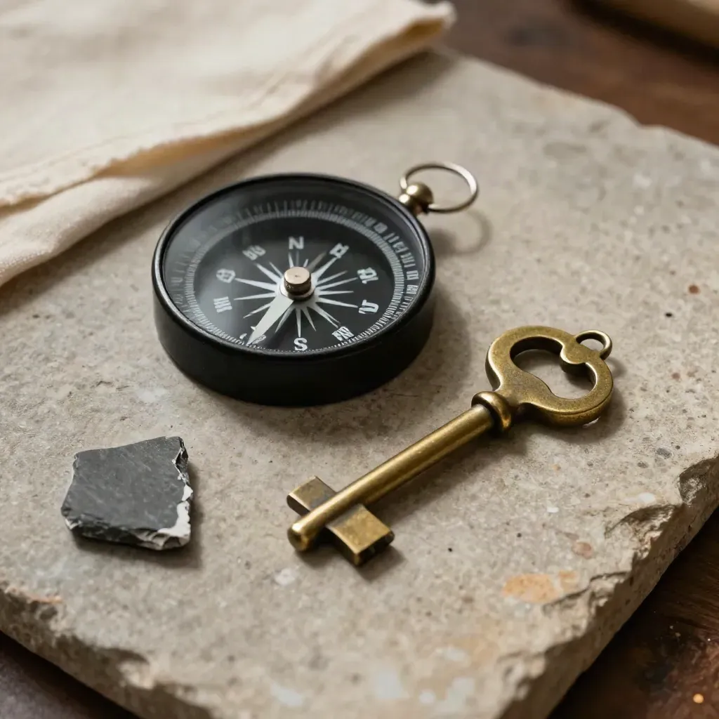 Matte compass, brass key and slate chip on warm stone in dramatic close-up
