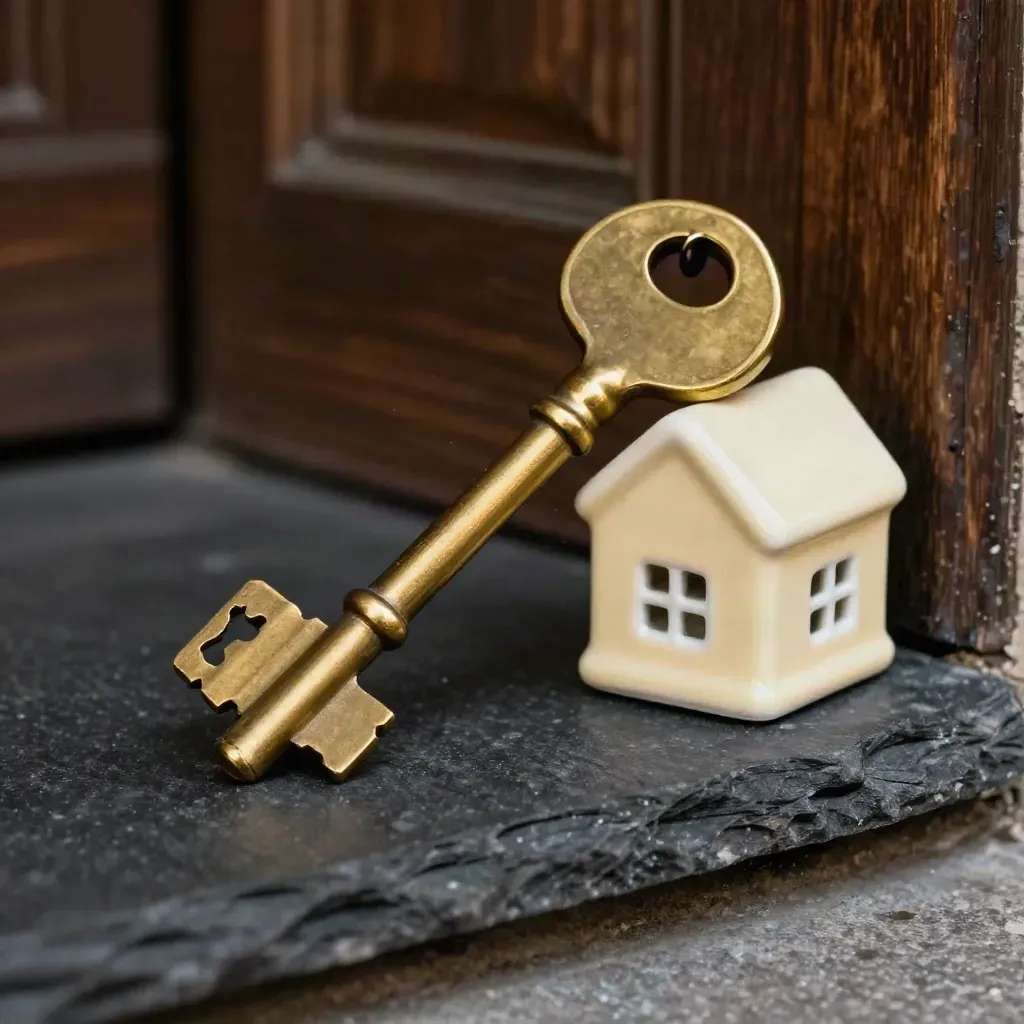 Brass house key, door knocker and ceramic house on dark slate in dramatic light