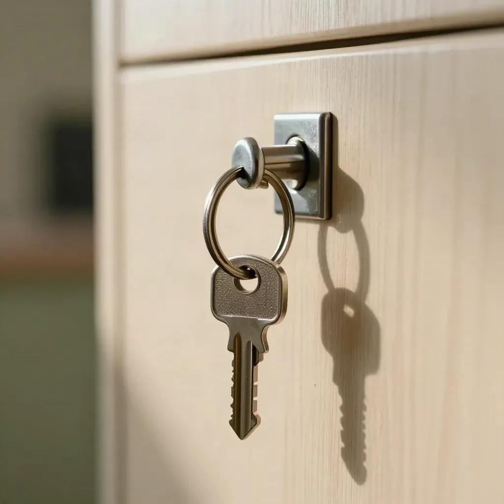 Macro of keys hanging on a cabinet hook beside a brushed lock cylinder