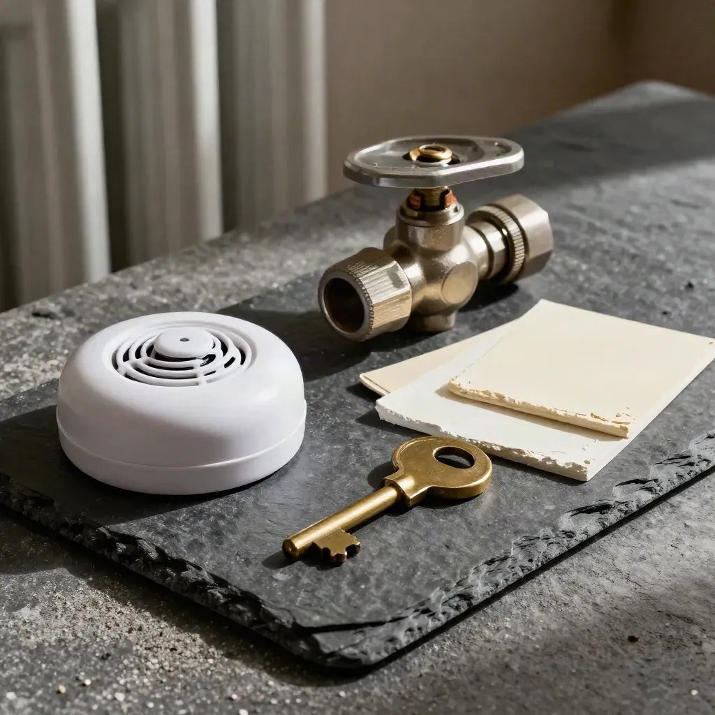 Smoke alarm, radiator valve, paint swatches and brass key on dark slate in dramatic light.