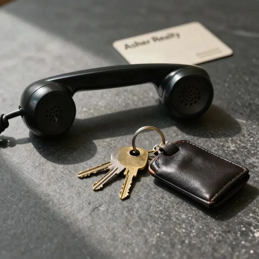 Black handset with brass keys and leather pouch on dark stone, lit from one side.