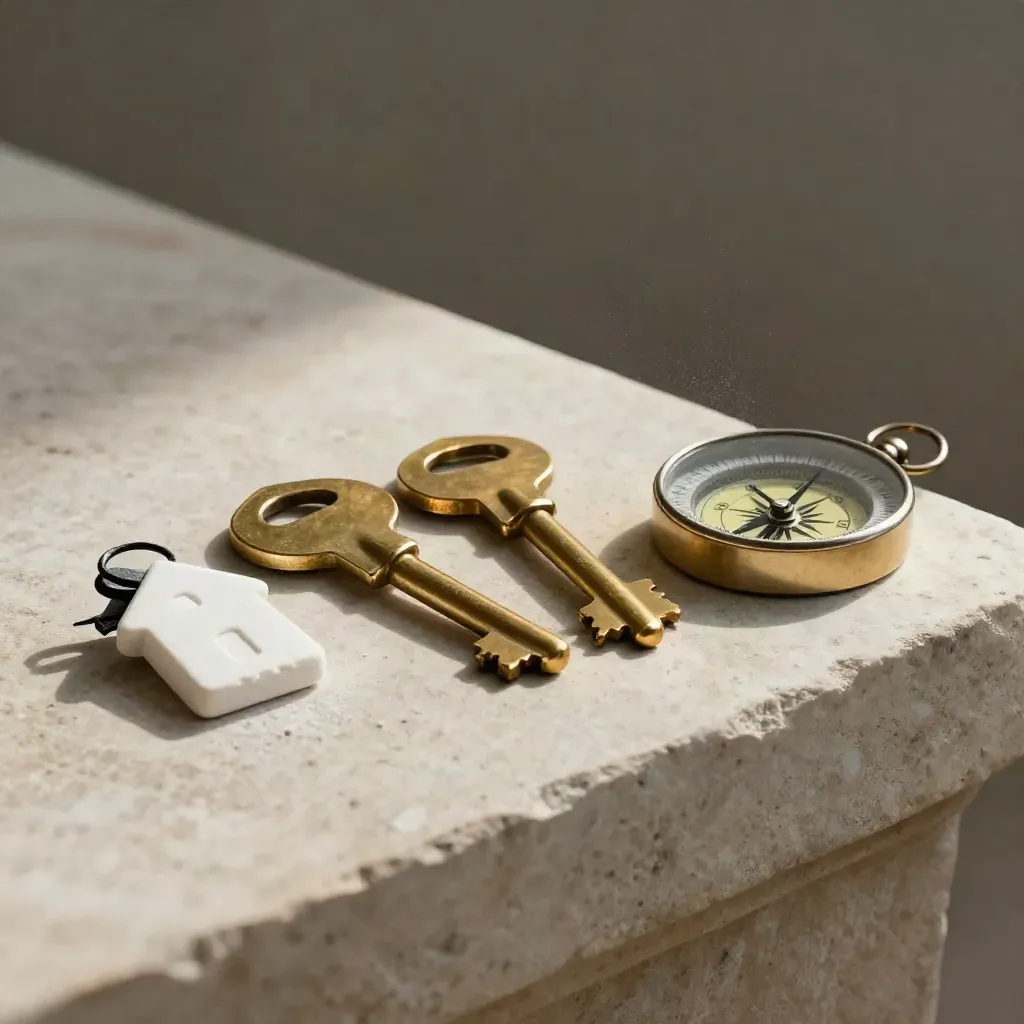 Brass keys, chalk house token and compass on a pale stone ledge with soft side light.