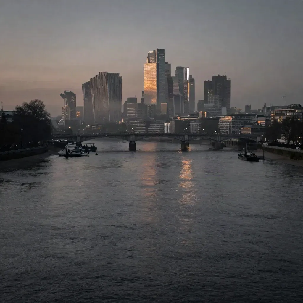 London skyline and Thames at dusk with bridge silhouette and calm misty water