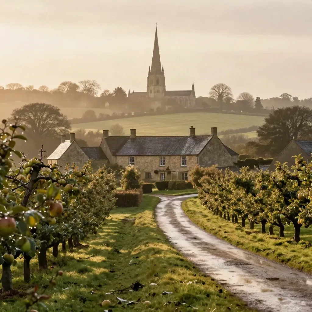 Kent orchards and oast houses at golden hour with a cathedral spire above misty fields