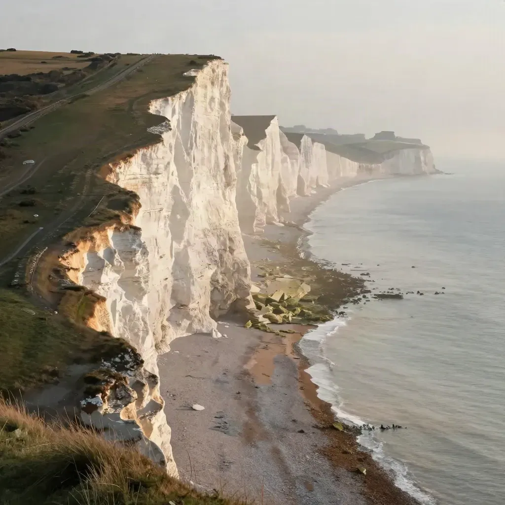 Sussex chalk cliffs above a misty shoreline at sunrise, calm haze below for copy.