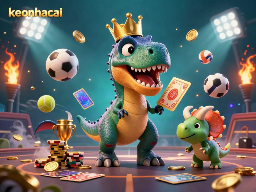 Engage with keonhacai dynamics, featuring a T-Rex shuffling cards, sports balls, and vibrant chips.