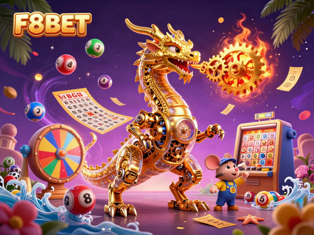 Experience thrilling gaming adventures with F8BET's dynamic lottery scene featuring golden dragon and mouse engineer.