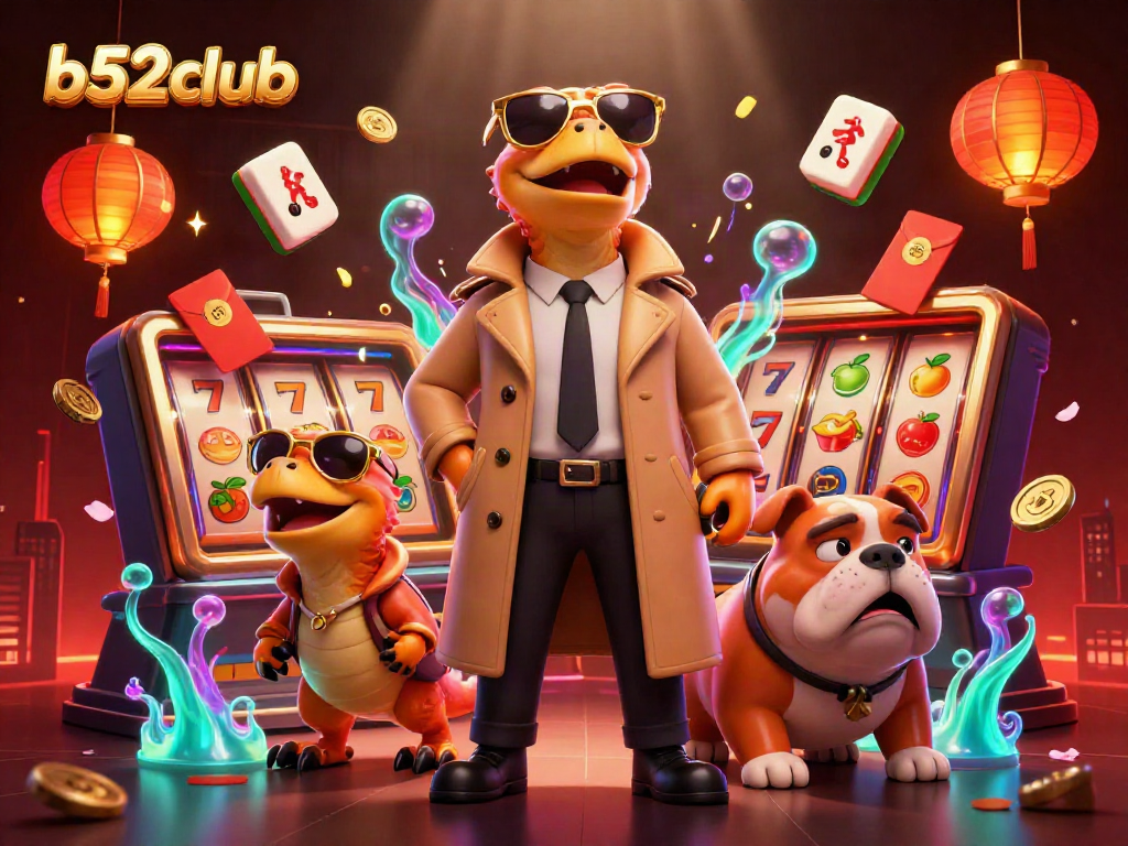 Engage with vibrant b52club casino experience featuring animated raptors, slot reels, and dynamic visuals.