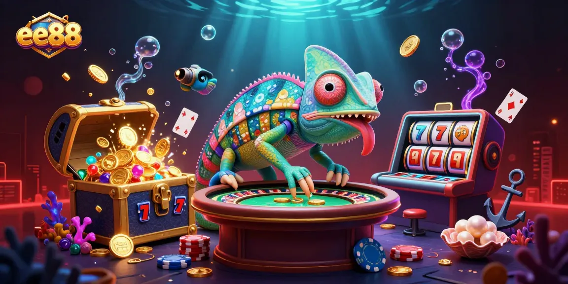Experience exciting gameplay at ee88 with a vibrant chameleon owner amidst colorful casino treasures.