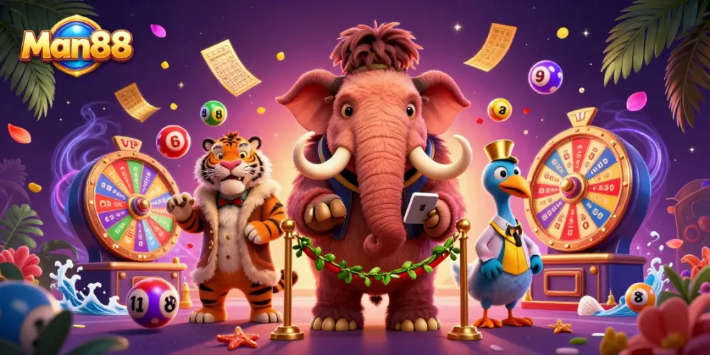 Join the excitement at Man88 with vibrant games and lively characters in this casino scene.