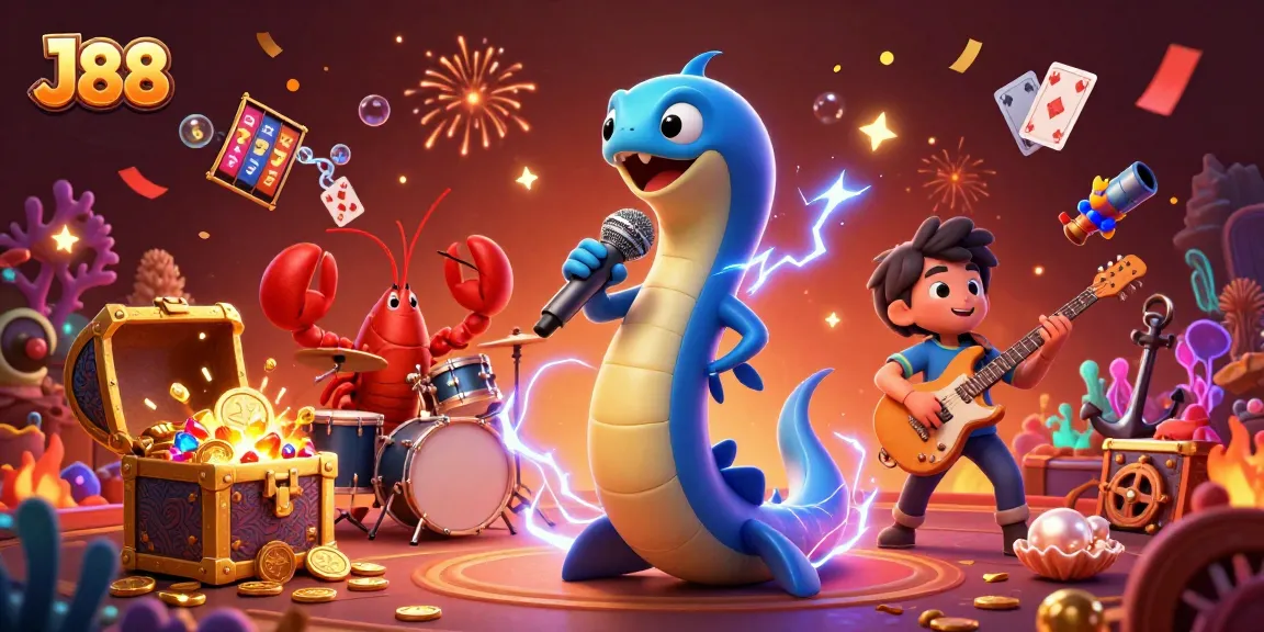 Experience thrilling gameplay at J88 with an electric eel DJ and a vibrant underwater casino.