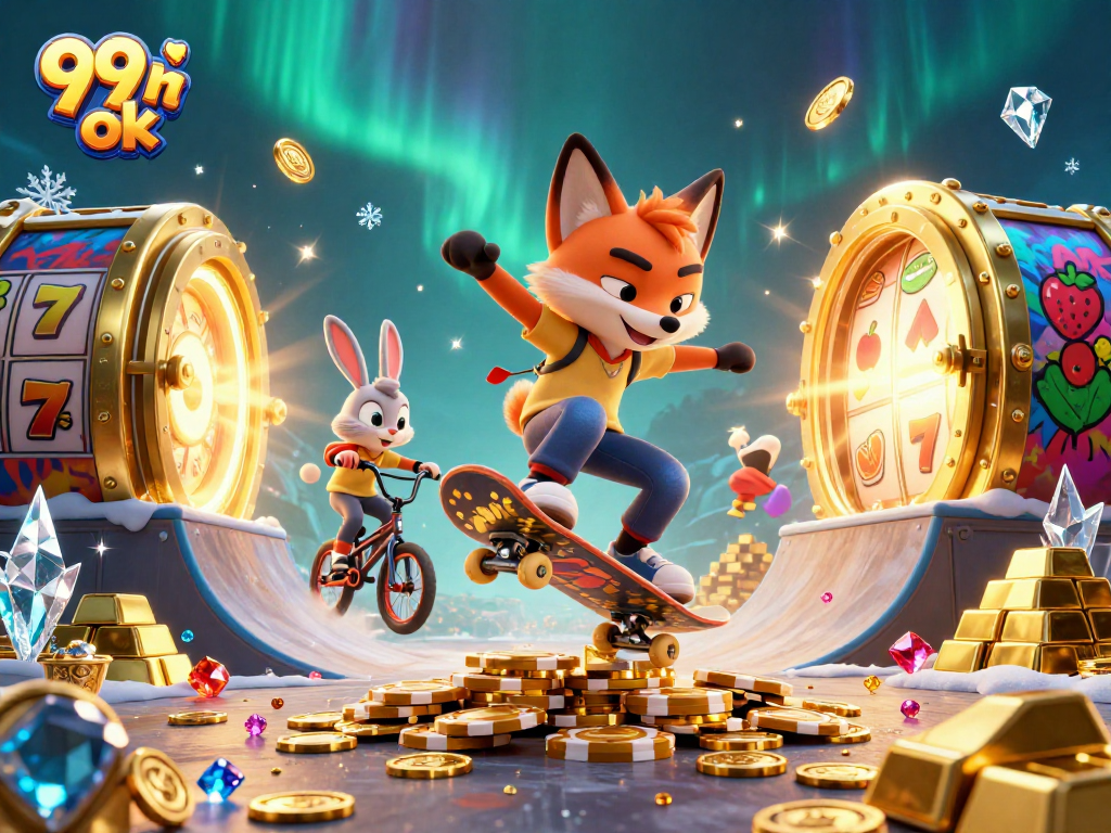 Watch the 99 ok fox skateboarder performing tricks over golden poker chips in a vibrant casino scene.