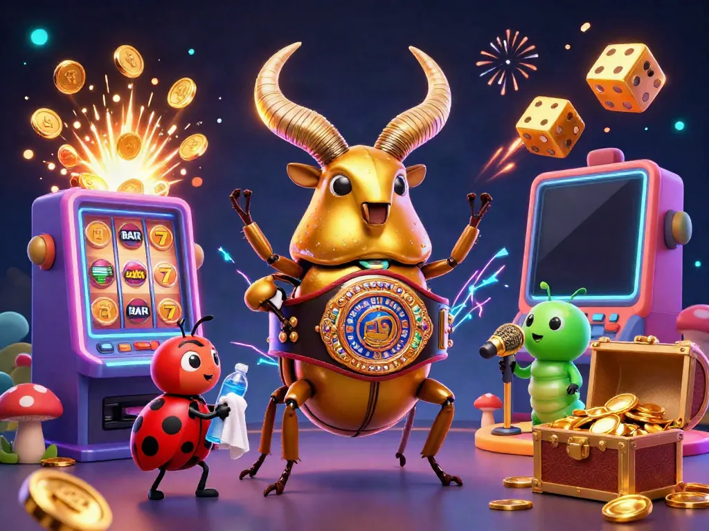 Engage with TG88's vibrant casino experience featuring a golden stag beetle champion amidst dynamic gaming themes.
