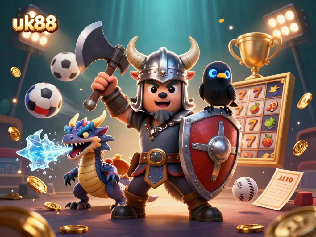 Experience the excitement of uk88 with vibrant slot-themed elements and heroic characters in a dynamic illustration.