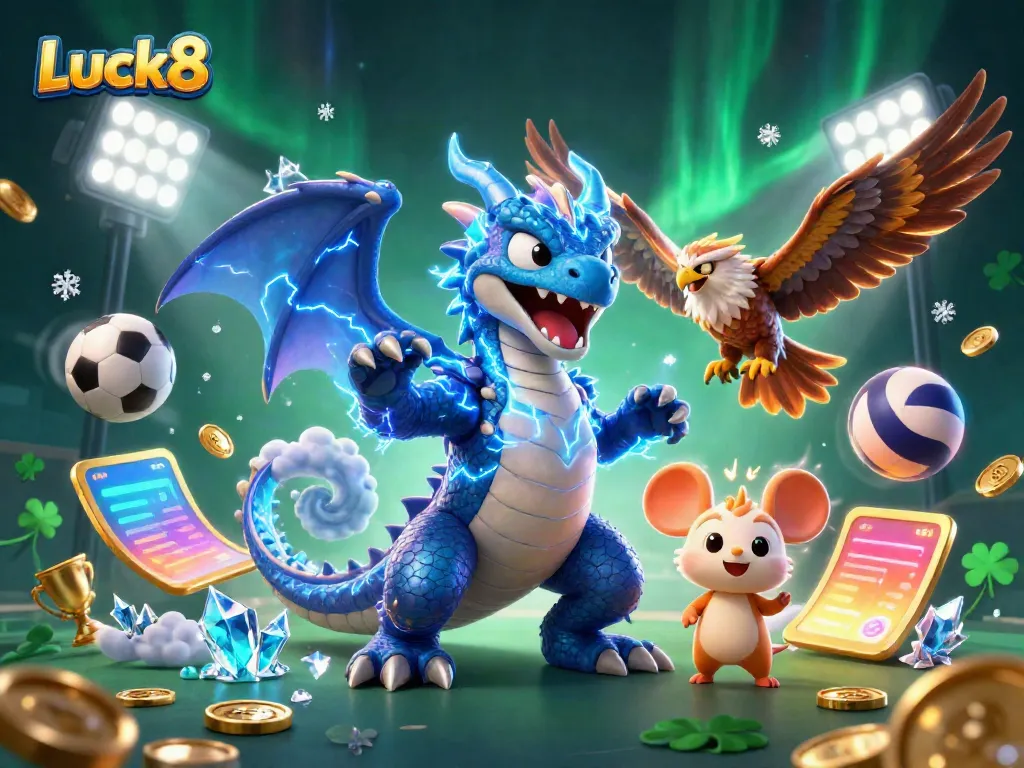 Luck8 showcases dynamic gaming elements among gambling characters in a vibrant casino atmosphere.