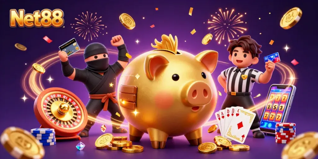 Engage with Net88's exhilarating gaming atmosphere featuring animated characters and casino elements.